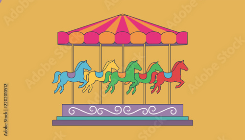 Retro amusement park carousel with five colorful horses on a yellow background, evoking nostalgic childhood memories.