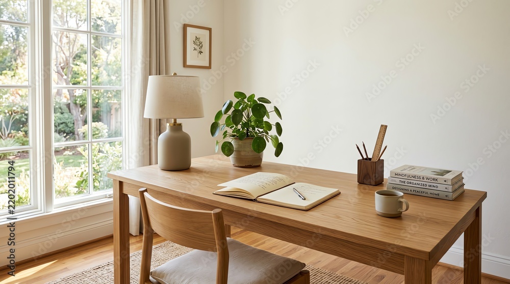Fototapeta premium Cozy Home Office Desk with Lamp, Plant, and Window View