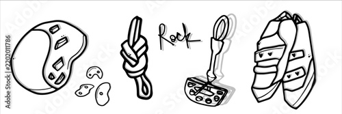 Set climbing equipment and accessories various elements of rock climbing gear knot carabiners helmet rope chalk bag climbing holds