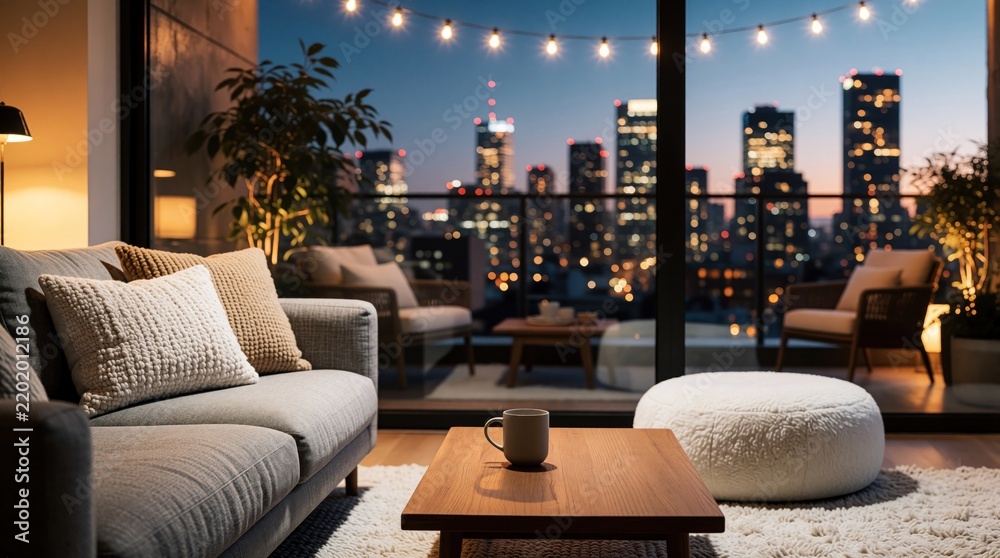 Fototapeta premium Modern living room with comfy sofa and wood table displaying coffee cup. Large window shows city skyline at dusk, string lights add cozy ambiance.