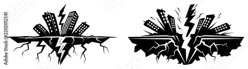 City Earthquake Disaster Vector Silhouette Set, Collapsing Buildings and Cracked Ground Illustration