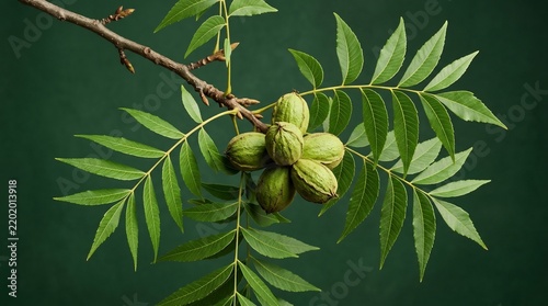 Walnut branch with unripe green nuts and lush compound leaves on dark green background