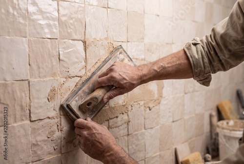Close up of a professional craftsman applying grout with a rubber float on a wall with handmade ceramic tiles during renovation