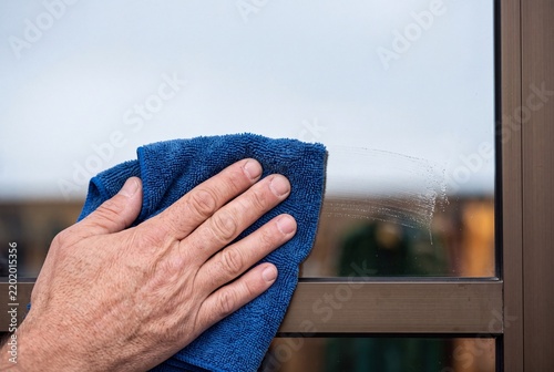 Close up of a man cleaning a dirty glass window pane using a blue microfiber cloth during domestic housework chores