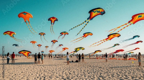 A vibrant kite festival unfolds on a sandy beach under a clear blue sky. Diverse jellyfish shaped kites dance in the wind. People gather to watch the spectacle and enjoy outdoor fun.