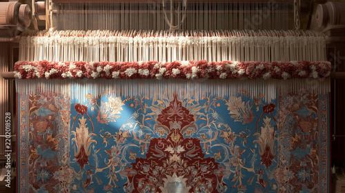 Persian rug weaving process with intricate patterns and vibrant colors in traditional workshop