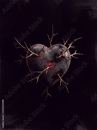 Cracked stone heart wrapped in thorny branches on a dark background