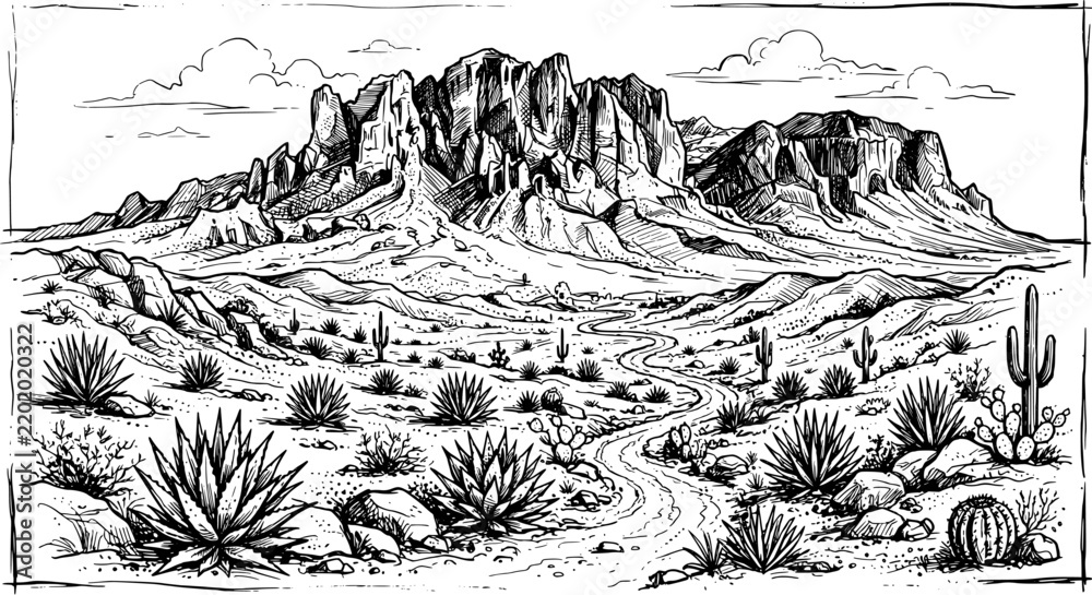 Obraz premium Black and white line art illustration of a rugged desert mountain range