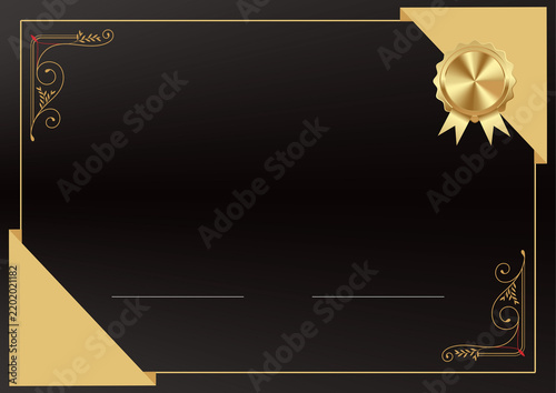 Fotografie Elegant black and gold landscape certificate template with ornate corners, decorative border, gold seal, and luxurious award design
