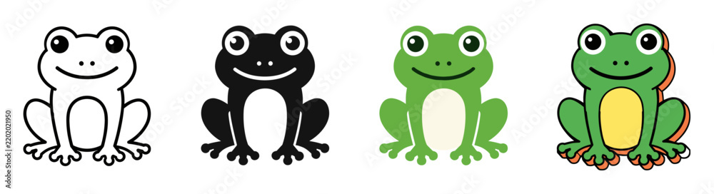 Fototapeta premium Cute cartoon frog icon set collection featuring outline silhouette flat and colorful comic style toad character illustrations for graphic design and kids education