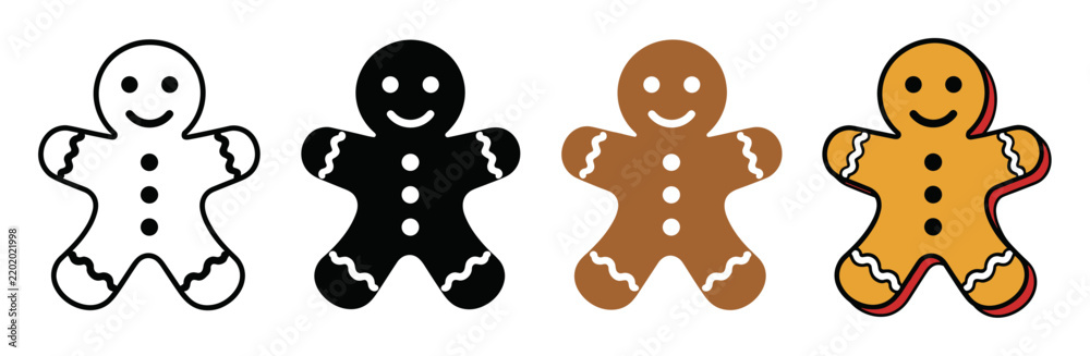 Obraz premium Gingerbread man cookie icons in different styles representing festive holiday treats, sweet baked Christmas biscuits, winter celebration pastries, and traditional seasonal bakery elements