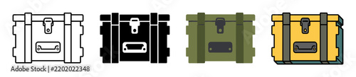 Military crate storage box icon vector set featuring ammunition chest in line art silhouette flat and colored styles for equipment design