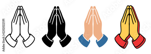 Praying hands icons set in different styles showing folded palms for prayer, namaste gesture, hope, gratitude, religion, and spiritual meditation symbols