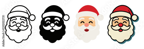 Santa Claus head cartoon vector icon set featuring line art, silhouette, and colorful festive Christmas faces with beard and hat for holiday decoration design