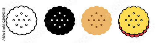 Round cracker biscuit cookie icons set collection featuring outline silhouette and flat colored snack bakery symbols for culinary graphic design