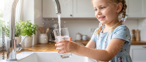 Lächelndes Kind füllt Glas mit frischem Leitungswasser am Wasserhahn in moderner Küche