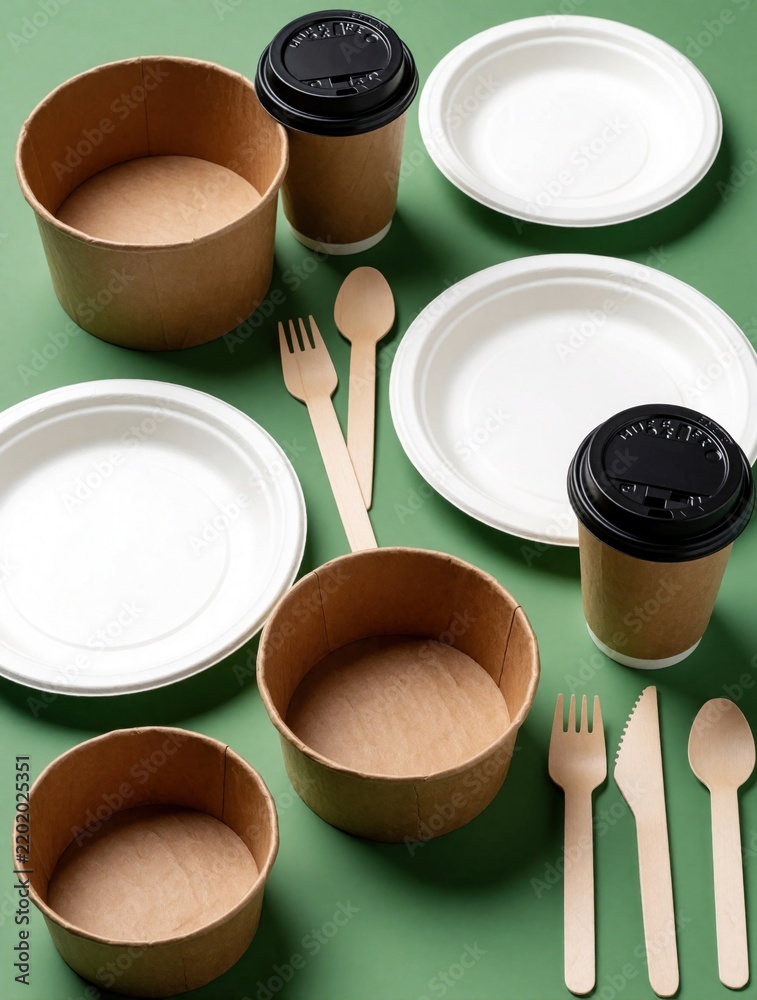 Obraz premium Eco friendly disposable tableware set on green background. Biodegradable paper plates, wooden cutlery, brown cardboard bowls, coffee cups for picnic takeout. Sustainable organic kitchenware products