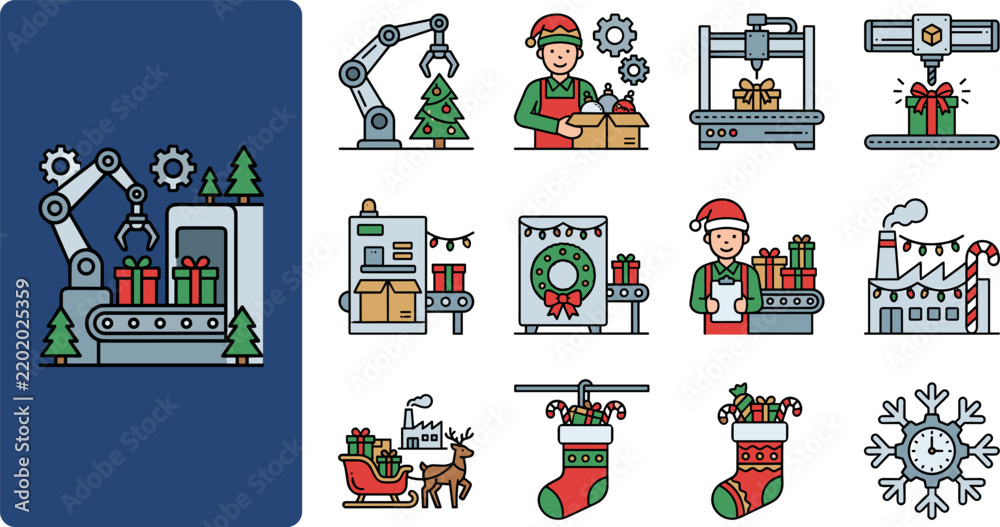 Fototapeta premium Christmas factory production line icons, including robots, elves, gifts, and Santa's workshop elements.
