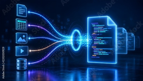 Tapety artystyczne Multimedia data integration and processing concept showing various digital file formats merging through glowing portal into master code document