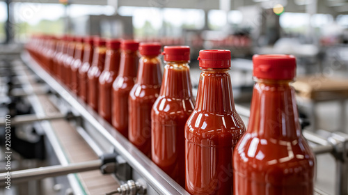 Red Sauce Bottles Moving Along a Stainless Factory Conveyor