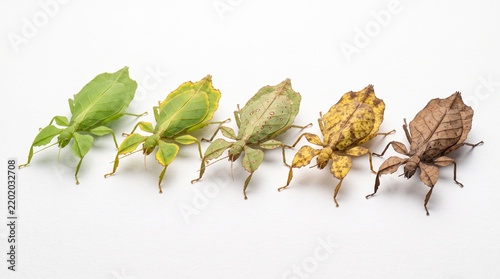 Five leaf insects showing color variation from green to brown