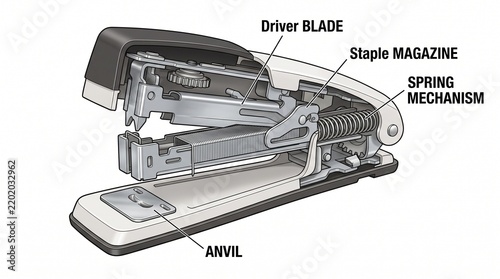 Cutaway diagram of a stapler showing internal mechanical parts