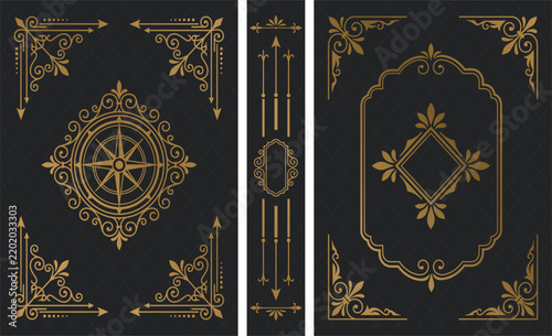 Vintage book cover design with gold compass ornament and ornate corner frames for luxury publication.