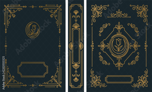 Vintage floral book cover design with gold tulip ornaments and elegant borders on dark textured background.