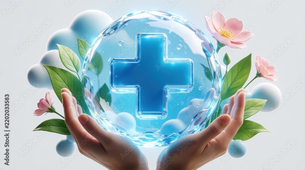Obraz premium Hands cup water globe with blue medical cross inside. Nature elements like leaves and flowers surround a symbol for health awareness. Pure care for planet and life.