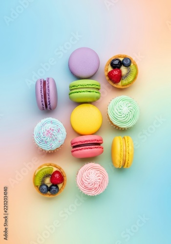 Top-down view of colorful sweet treats like macarons, cupcakes, and tarts neatly arranged on a smooth aesthetic pastel gradient background, soft, sweets, composition