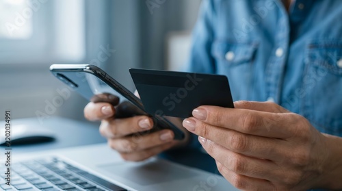 Close-up of digital finance solutions showing hands with a credit card and mobile device.