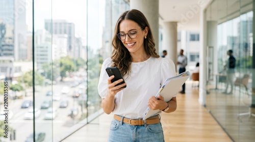 Successful business woman in a bright office checking email and text messages on her smartphone with a folder.