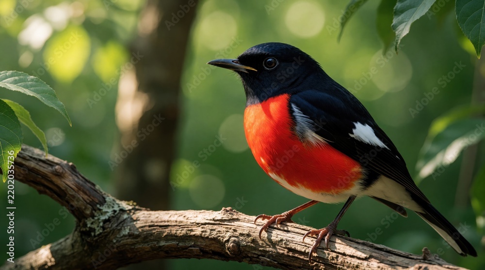 Fototapeta premium Small bird sits on tree branch in green forest. Colorful wildlife animal with black head, orange chest rests in natural garden. Spring season outdoor nature background with soft sunlight on wild bird