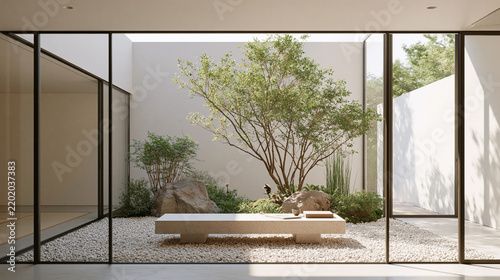 Quiet Residential Courtyard Featuring a Low Bench and Sculptural Tree