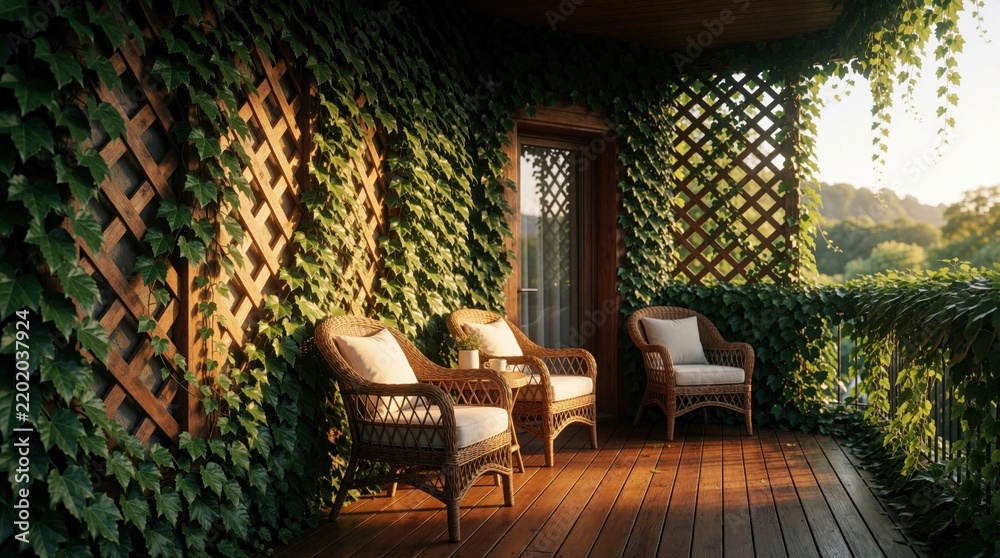Fototapeta premium Cozy apartment balcony with wooden lattice wall covered in green ivy. Wicker chairs with white cushions sit on wooden terrace floor. Warm sunlight shines through climbing plants on patio. Peaceful