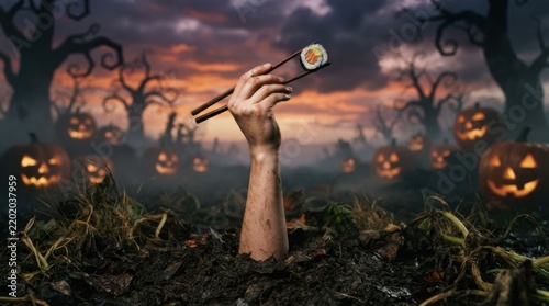 Hand Emerging from Ground Holding Sushi in Halloween Scene