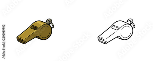 Metal whistle in cartoon flat and line style gold and metallic colors representing signaling equipment on white background