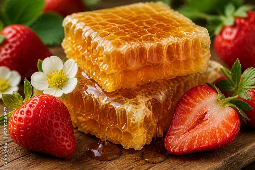 Obraz premium Honeycomb pieces with strawberries on wooden board closeup