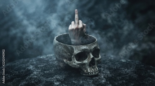 Hand Showing Middle Finger Emerging from Skull