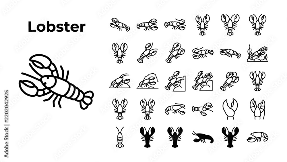 Obraz premium Lobster Icon Set: A collection of minimalist icons depicting lobsters in various poses and styles, ideal for food and seafood-related designs.