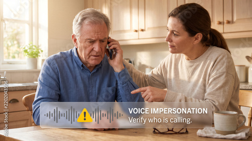 Concerned woman helping an elderly man on a phone call, warning about ai voice impersonation scams and fraud protection