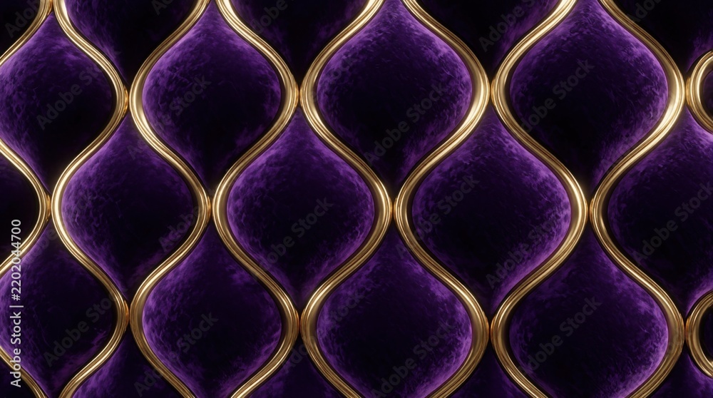Obraz premium Deep purple velvet pattern with smooth gold trim creates opulent texture. Rich fabric surface shows intricate detail. Luxurious design element, perfect background for elegant themes.