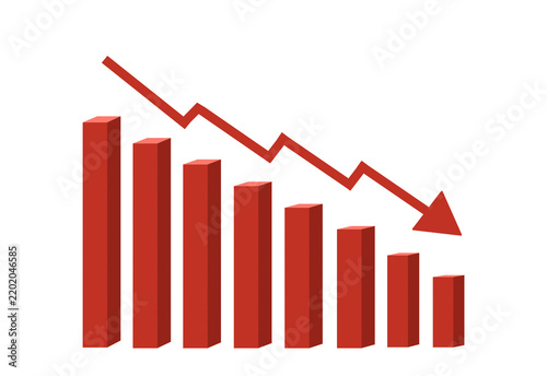 Fotografie Descending red bar chart with a downward trend arrow on a transparent background