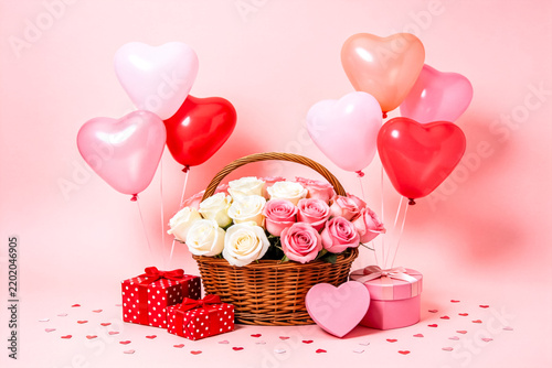 Romantic Valentine's Day Gift Set with Roses, Balloons and Boxes