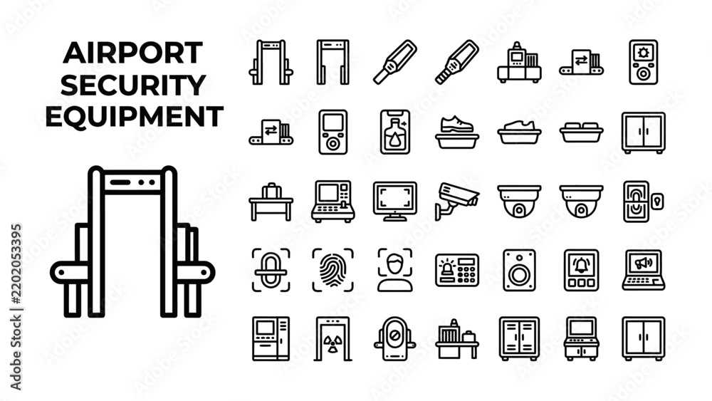 Obraz premium Airport Security Equipment Icons: A collection of clean, modern icons representing various airport security equipment, including metal detectors, X-ray scanners, and surveillance cameras.