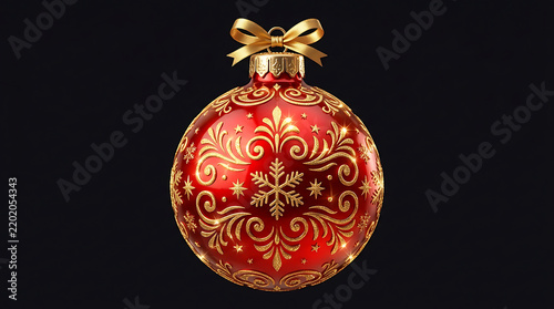 A single, ornate, red Christmas bauble with intricate gold swirling patterns and a snowflake design, topped with a golden bow, set against a dark background.