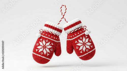A pair of festive red knitted mittens with white snowflake patterns and white cuffs, hanging from a red and white string against a plain white background.