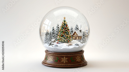 A festive Christmas snow globe featuring a decorated tree and a cozy cabin surrounded by snow-covered pine trees.