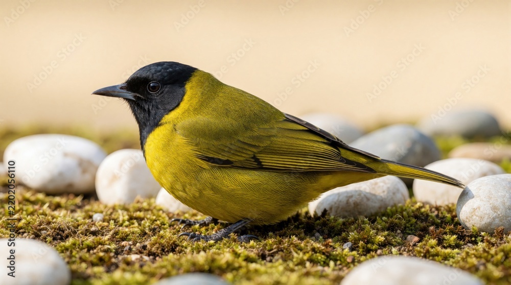 Fototapeta premium Small yellow bird with black head sits on mossy ground. Smooth stones surround bird. Creature looks sideways. Nature detail captures bird profile. Tiny wild animal rests near riverbed stones.