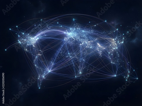 Futuristic digital world map with glowing global internet connection lines